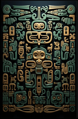 The poster features an intricate design reminiscent of Mesoamerican art, likely inspired by Travel Poster
