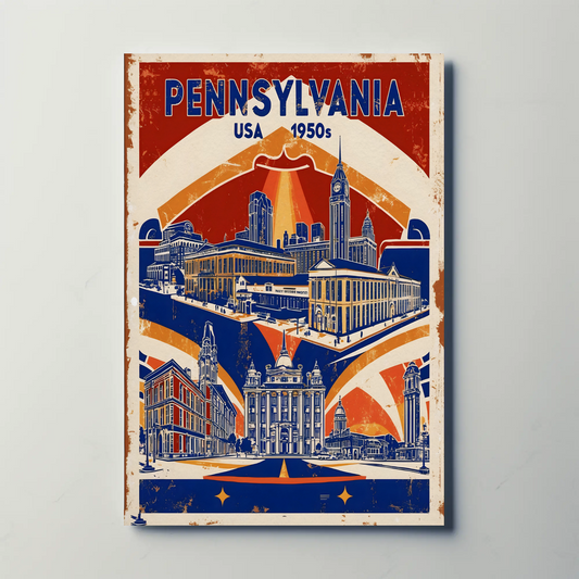 Pennsylvania USA 1950s Monument Skyline Vintage Travel Poster
