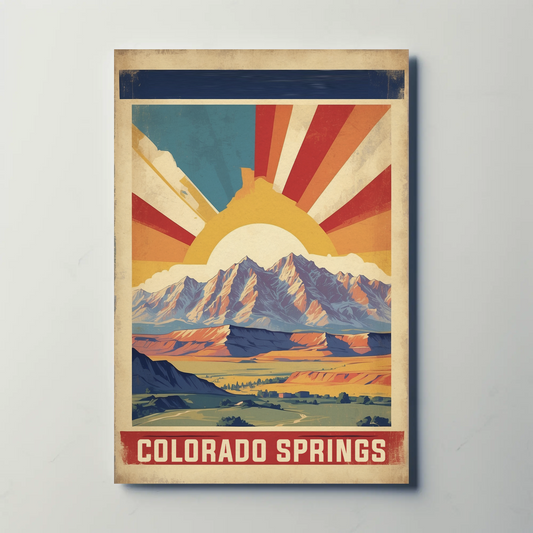 Colorado Springs Colorado Sunrise Mountains Plains Vintage Travel Poster