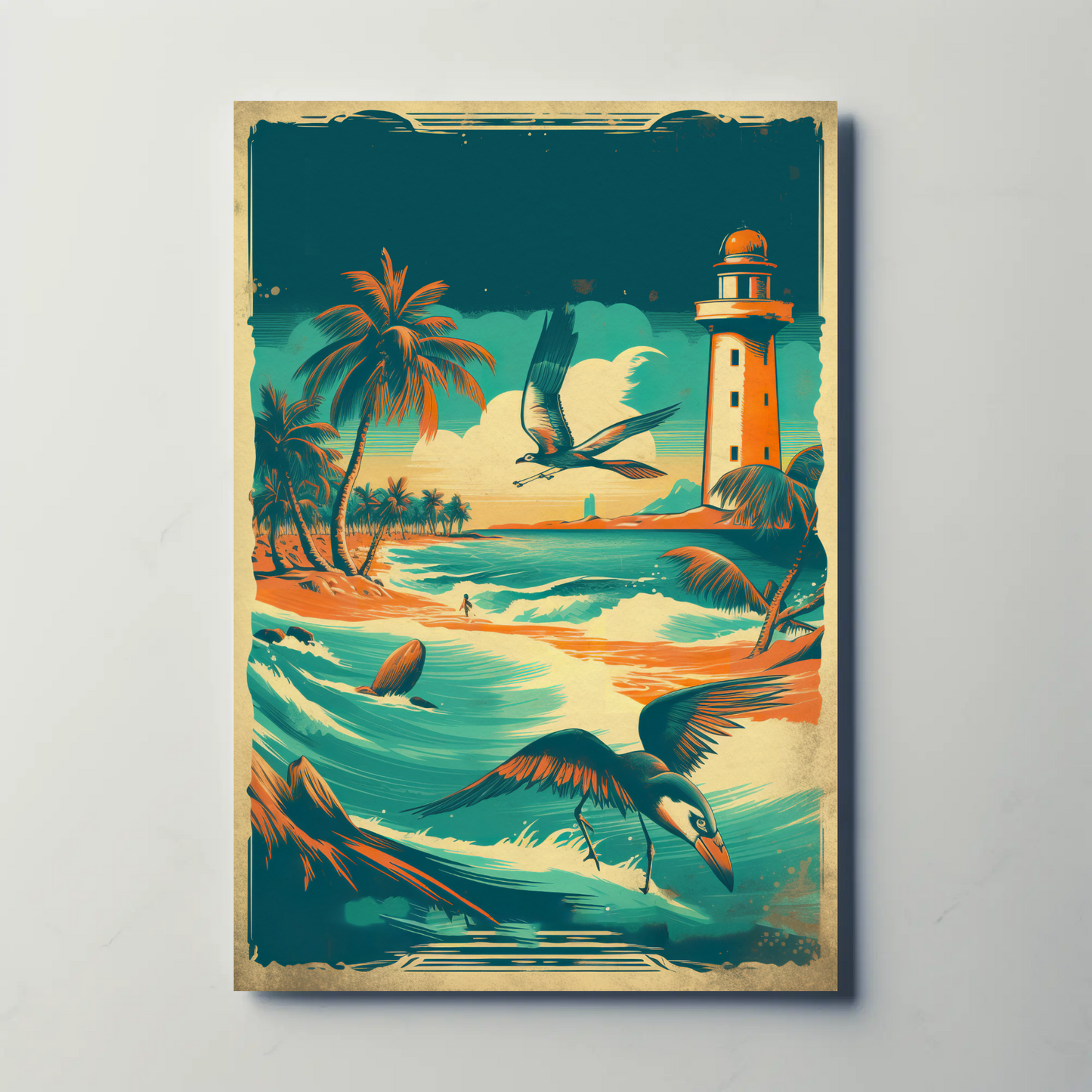 Tropical Coast Lighthouse Ocean Birds Vintage Travel Poster