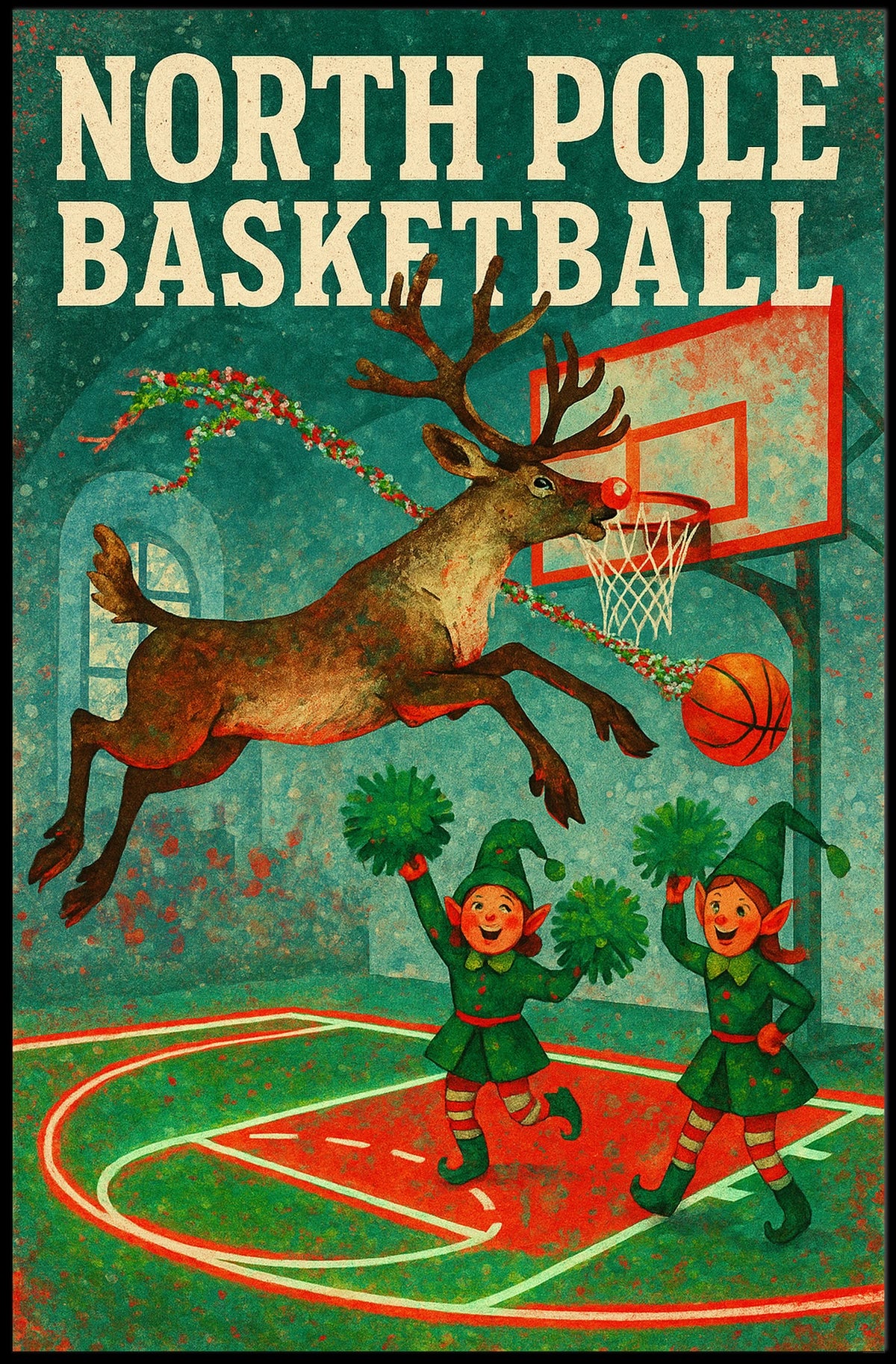 Whimsical Reindeer Dunk with Elves Sports Poster
