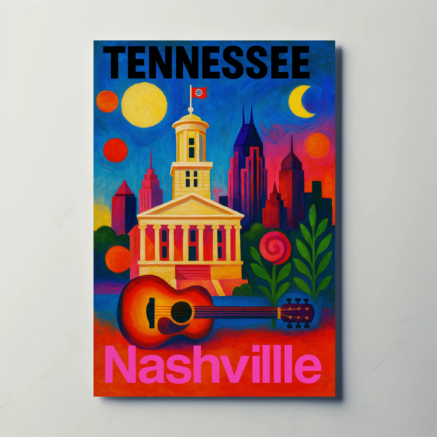 Tennessee Nashville Capitol Guitar Music City Vintage Travel Poster