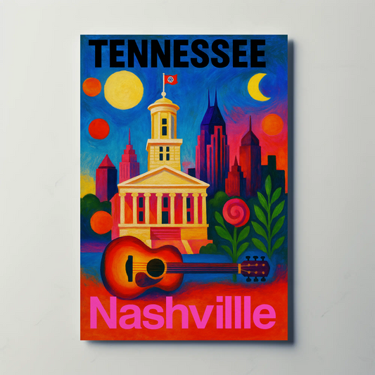 Tennessee Nashville Capitol Guitar Music City Vintage Travel Poster