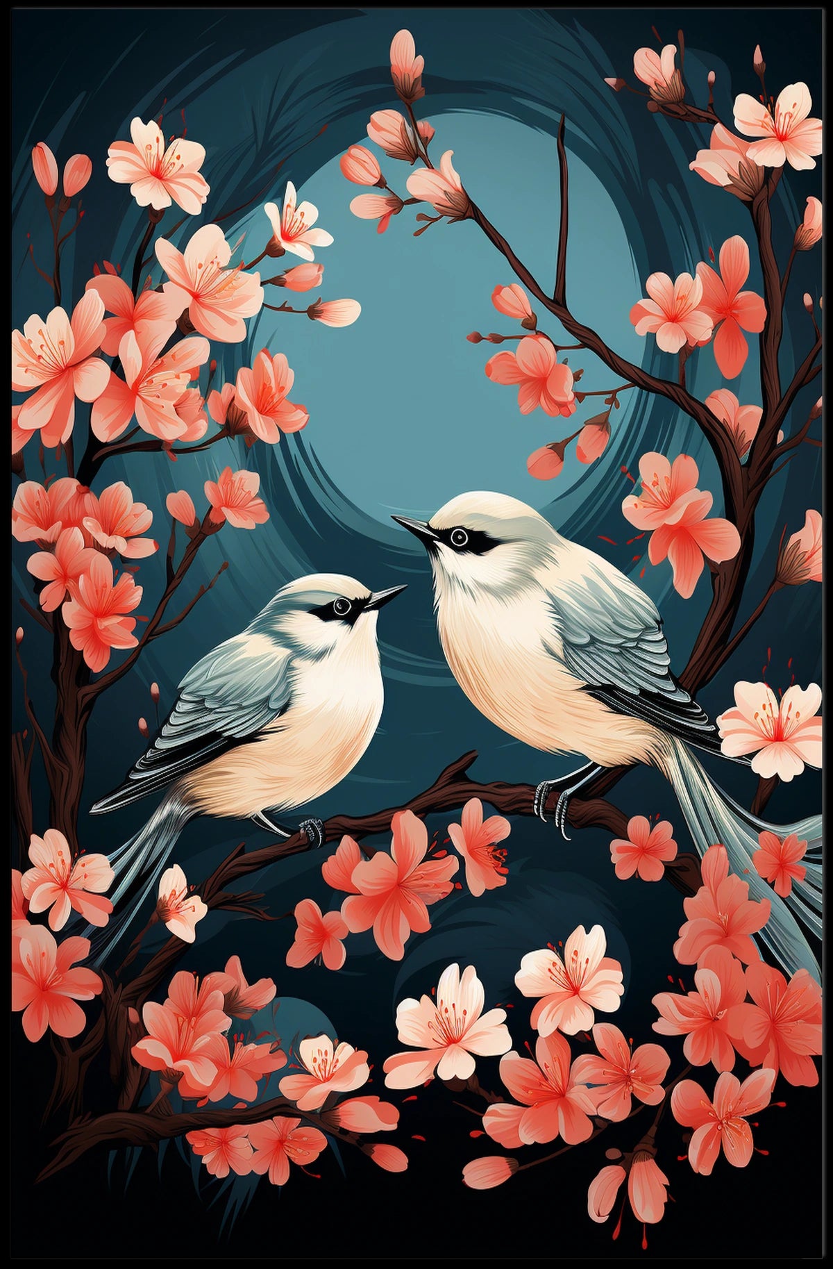 Serene Cherry Blossom Birds Art Poster Decor