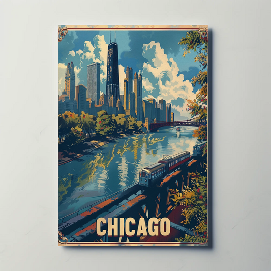 Chicago Train City Buildings Waterfront Skyline Travel Poster