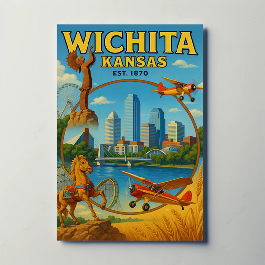 Wichita Kansas Skyline Airplane River Horse Poster Poster