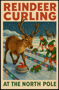 Reindeer Curling at the North Pole Poster