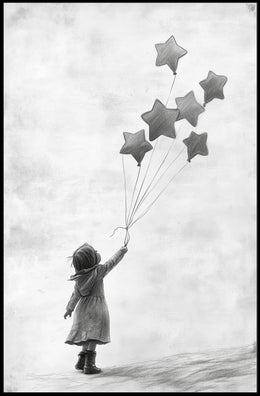 Child Releasing Star Balloons Minimalist Art Sketch Poster