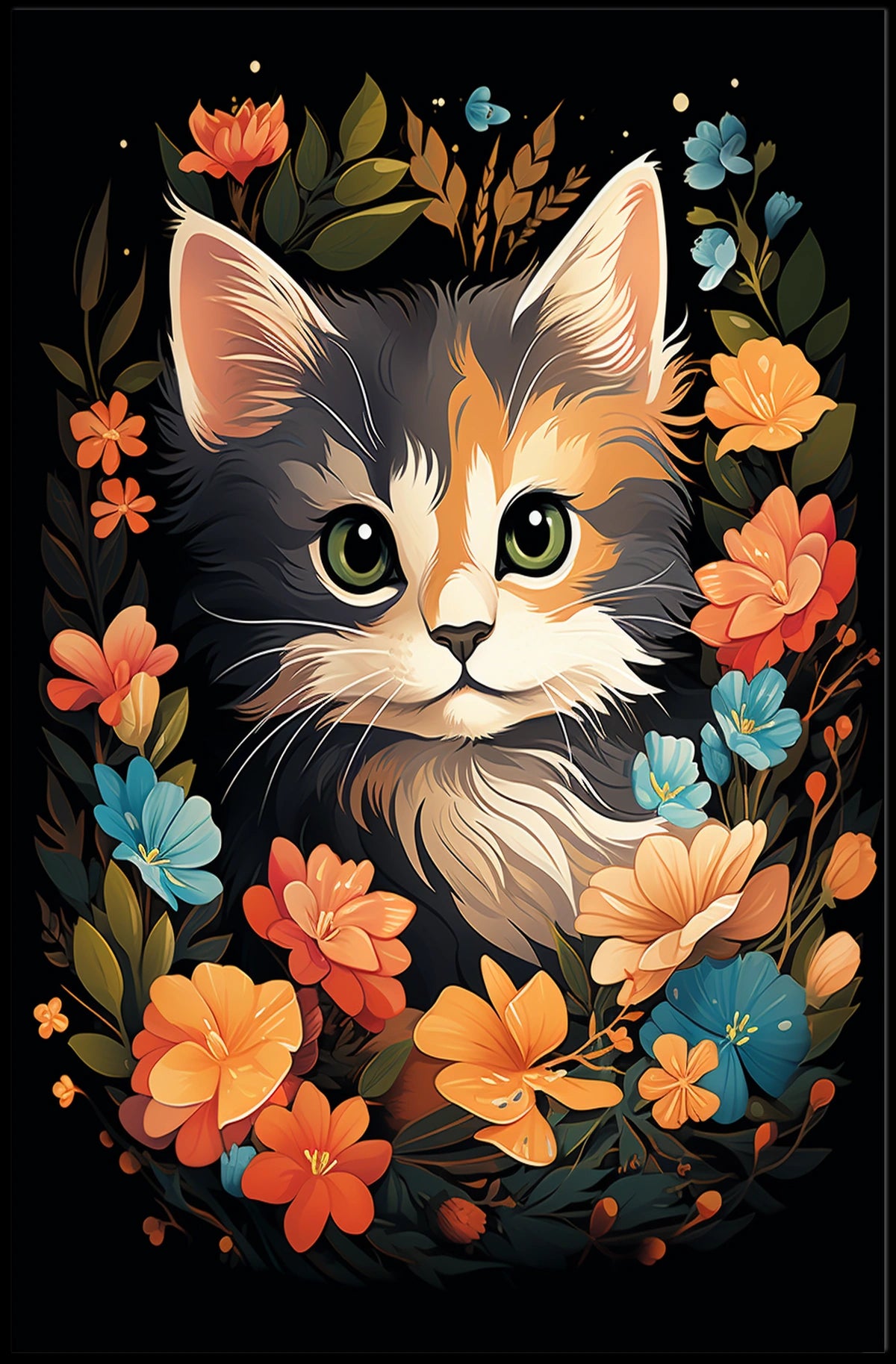 Charming Cat Amidst Vibrant Floral Wonderland Poster
