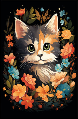 Charming Cat Amidst Vibrant Floral Wonderland Poster