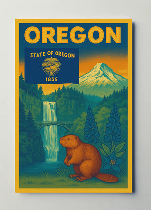 Vintage Oregon Travel Poster Featuring Iconic Natural Landmarks