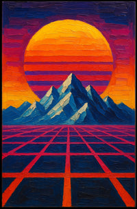 Retro-Futuristic Mountainscape: Vibrant Visionary Sci-Fi Poster