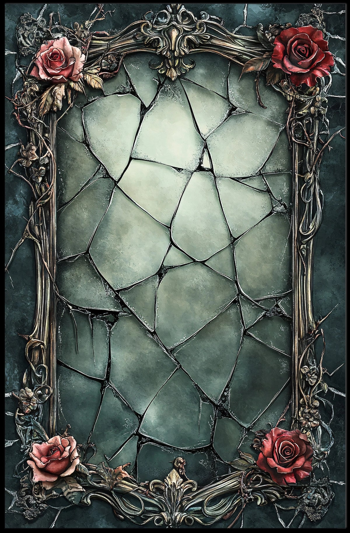 Ornate Gothic Floral Art Print with Roses and Cracked Frame Poster