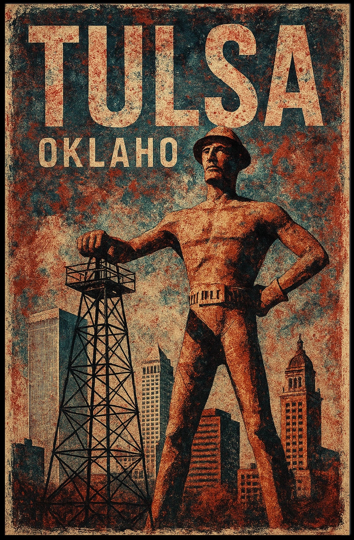 Golden Driller Tulsa Vintage Americana Poster