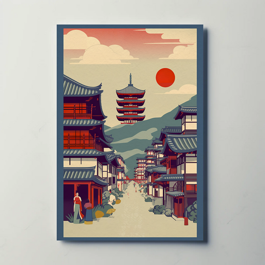 Japan Pagoda Village Mountain Sunset Vintage Travel Poster