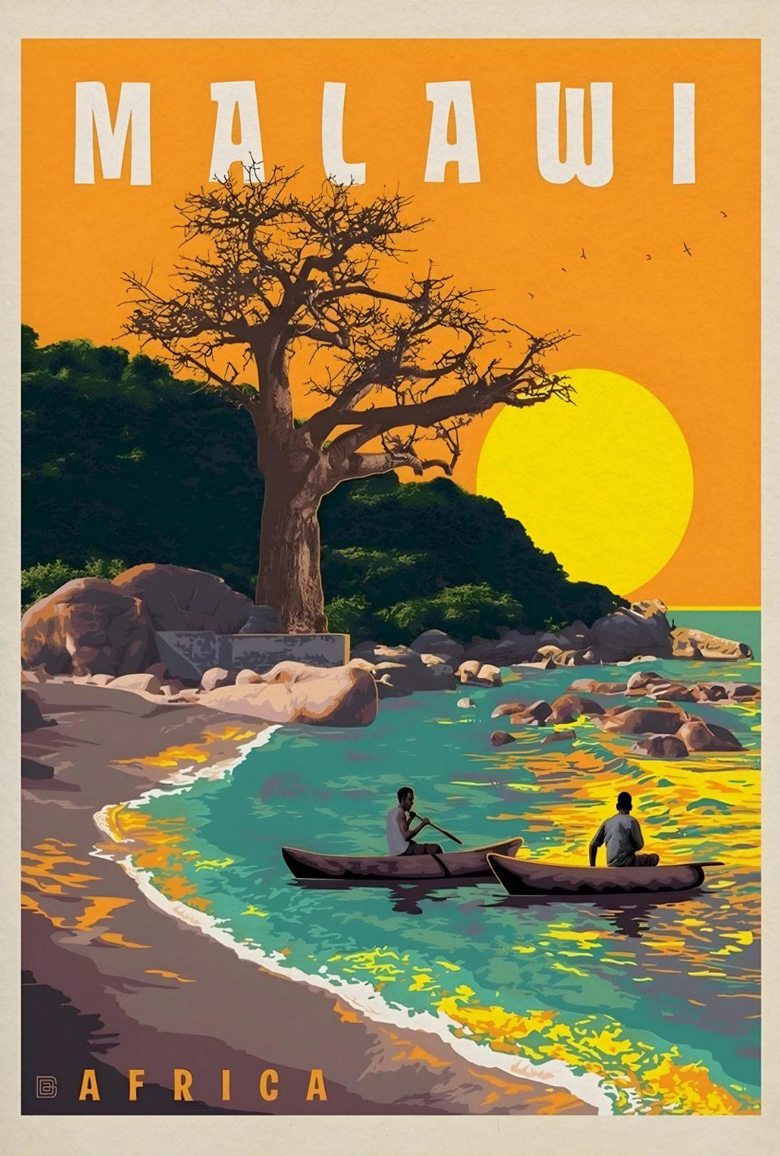 Malawi Lakeside Serenity Vintage Travel Poster