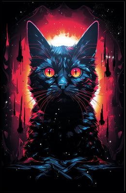 Fiery-Eyed Cosmic Cat Surreal Art Poster