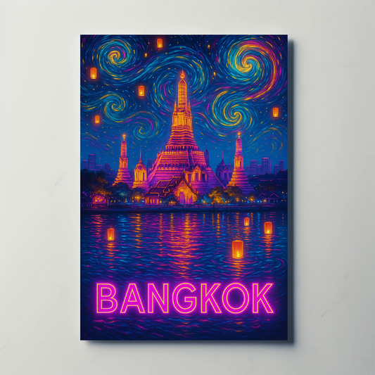 Bangkok Neon Temple Night Travel Poster