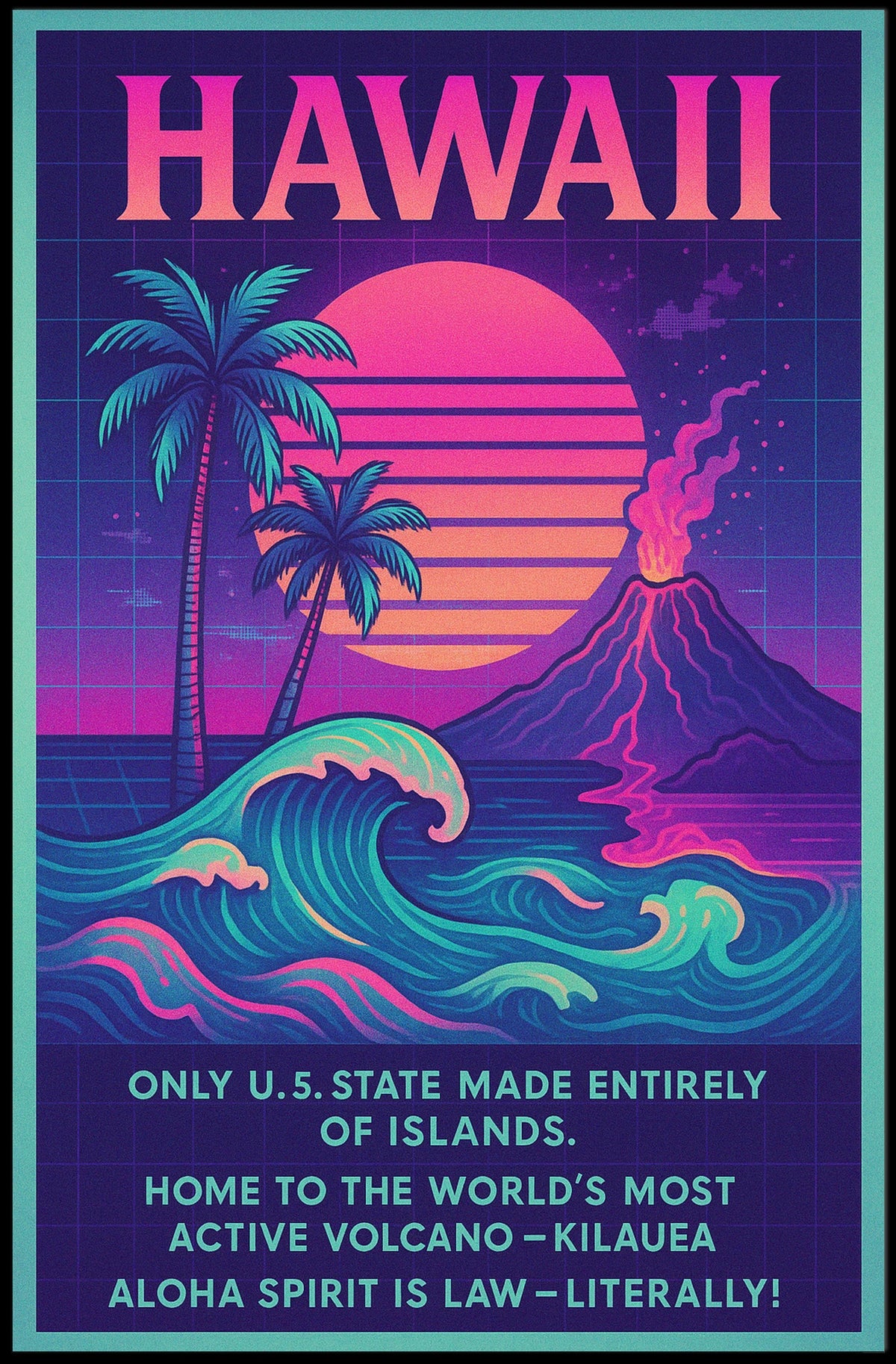 The poster centers on Hawaii, emphasizing its unique geographical and cultural attributes. The Travel Poster