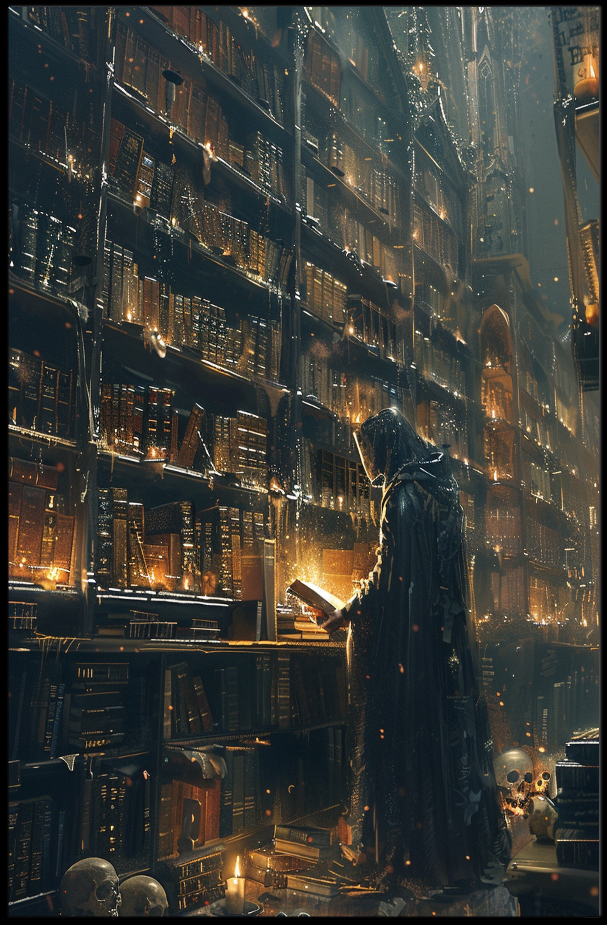 Enigmatic Cloaked Figure in Mystical Library Fantasy Poster PosterGoat