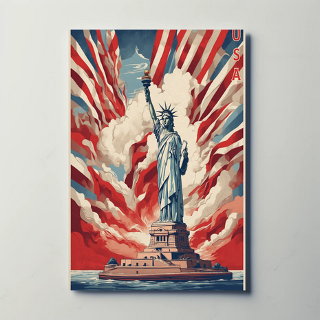 Statue of Liberty Radiant Flag Clouds Vintage Travel Poster