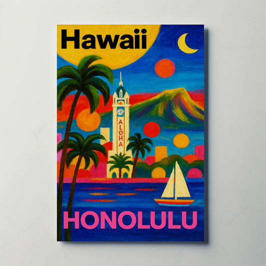 Honolulu Hawaii Tower View With Sunset Colors Travel Poster
