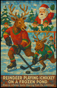Whimsical Reindeer Ice Hockey Christmas Art Poster