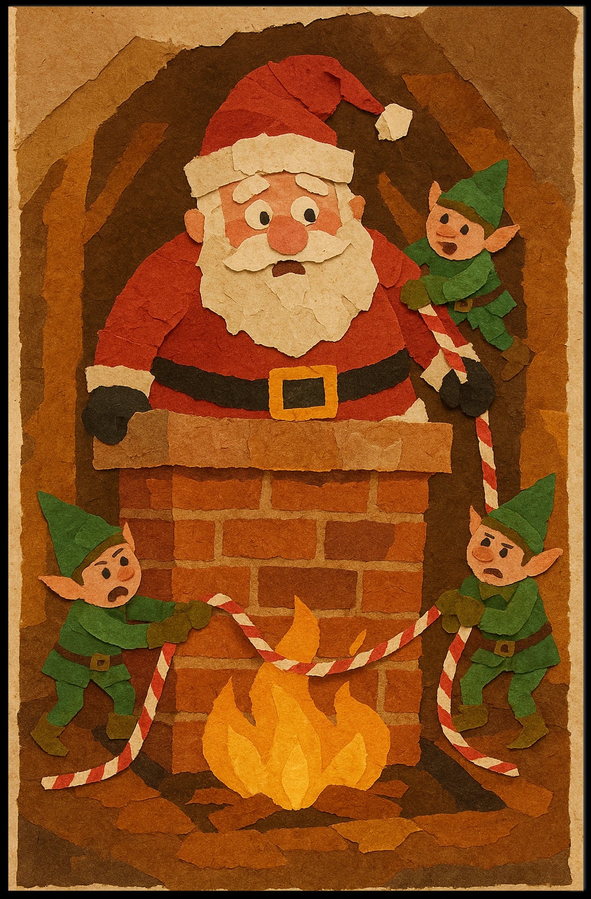 Playful Santa Chimney Scene with Elves Christmas Poster
