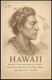 The poster centers around Hawaii, emphasizing its unique status as the only U.S. Travel Poster