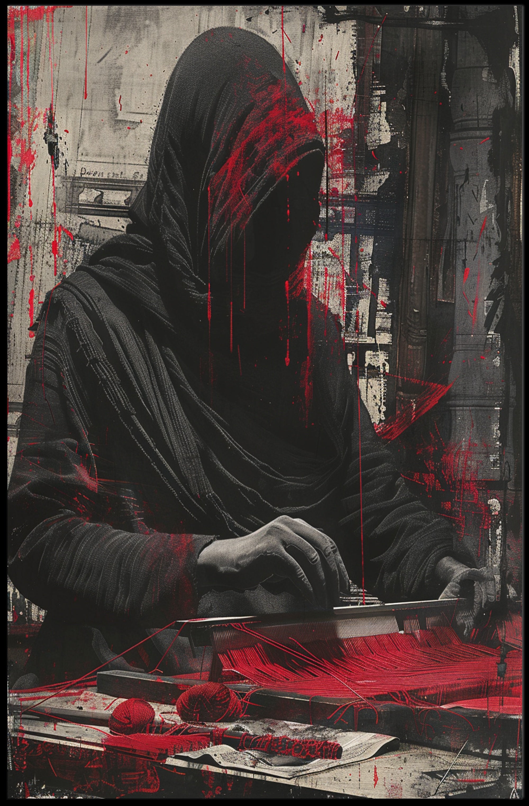 Mysterious Hooded Figure in Grayscale Artistic Poster PosterGoat