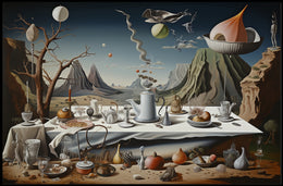Surreal Dreamscape with Chaotic Still Life Artistic Poster