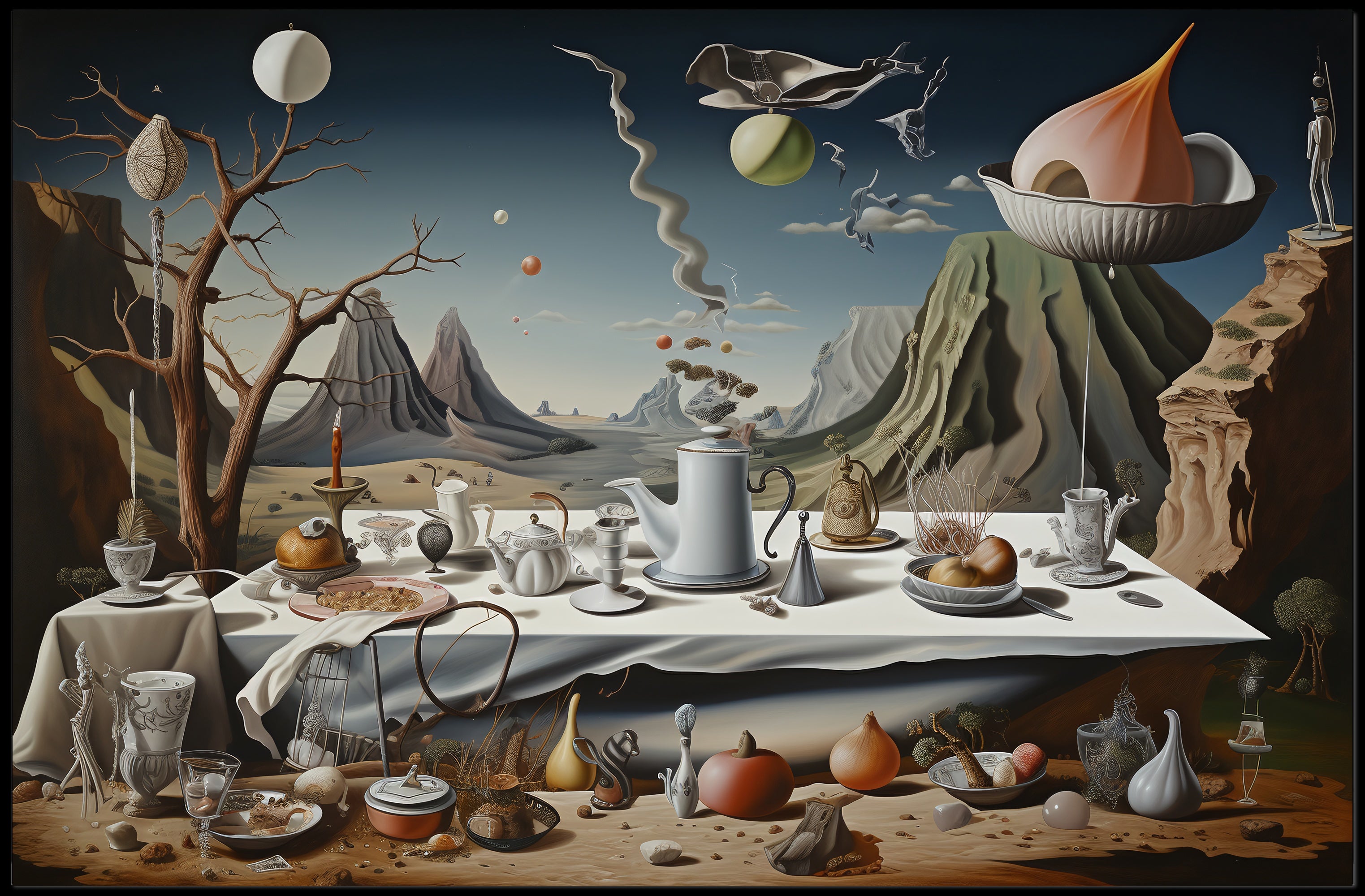 Surreal Dreamscape with Chaotic Still Life Artistic Poster