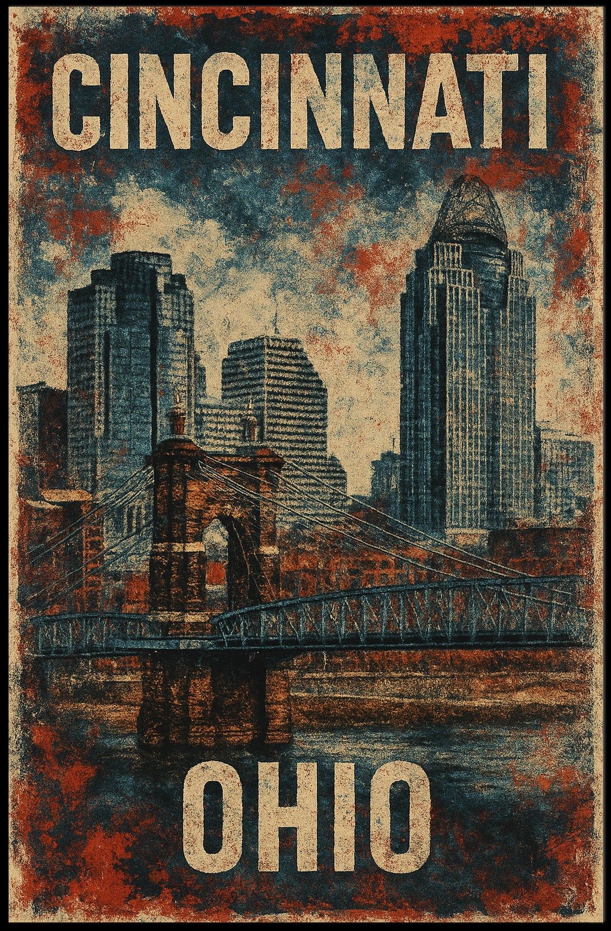 Cincinnati Skyline Vintage Urban Art Poster