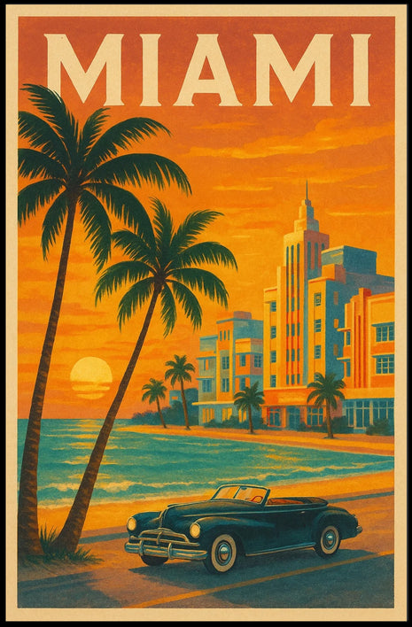 Miami Sunset Convertible - Vintage Travel Poster