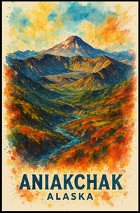 Aniakchak Alaskan Wilderness Adventure Watercolor Poster