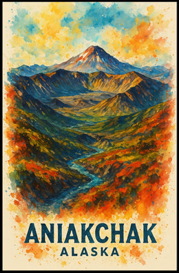 Aniakchak Alaskan Wilderness Adventure Watercolor Poster