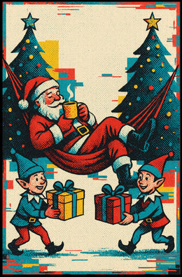 Festive Santa and Elves Vintage Christmas Poster