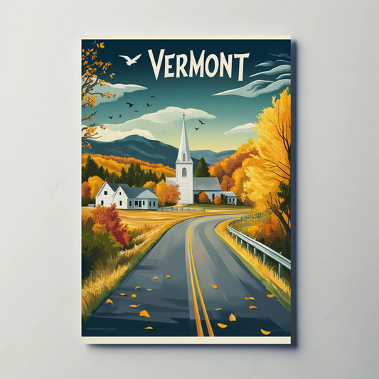 Vermont Vintage Poster - Autumn Road & Church