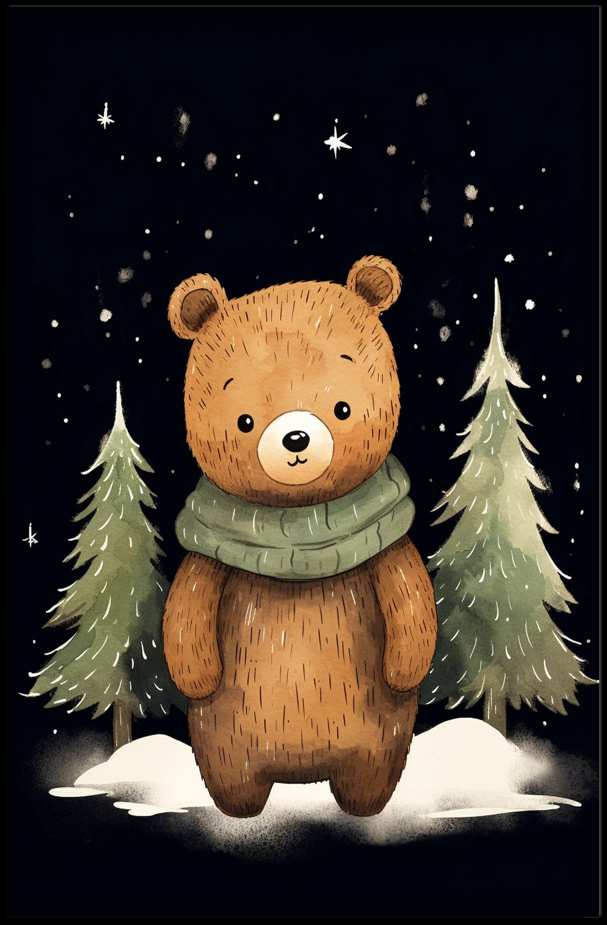 Whimsical Bear Winter Night Scene Art Poster