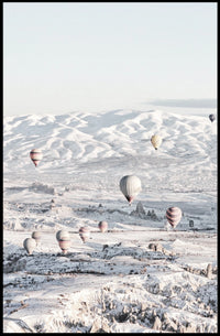 Serene Hot Air Balloons Over Snowy Landscape Travel Poster