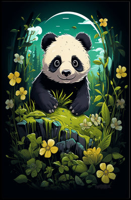 Panda in Whimsical Forest Cartoon Art Poster