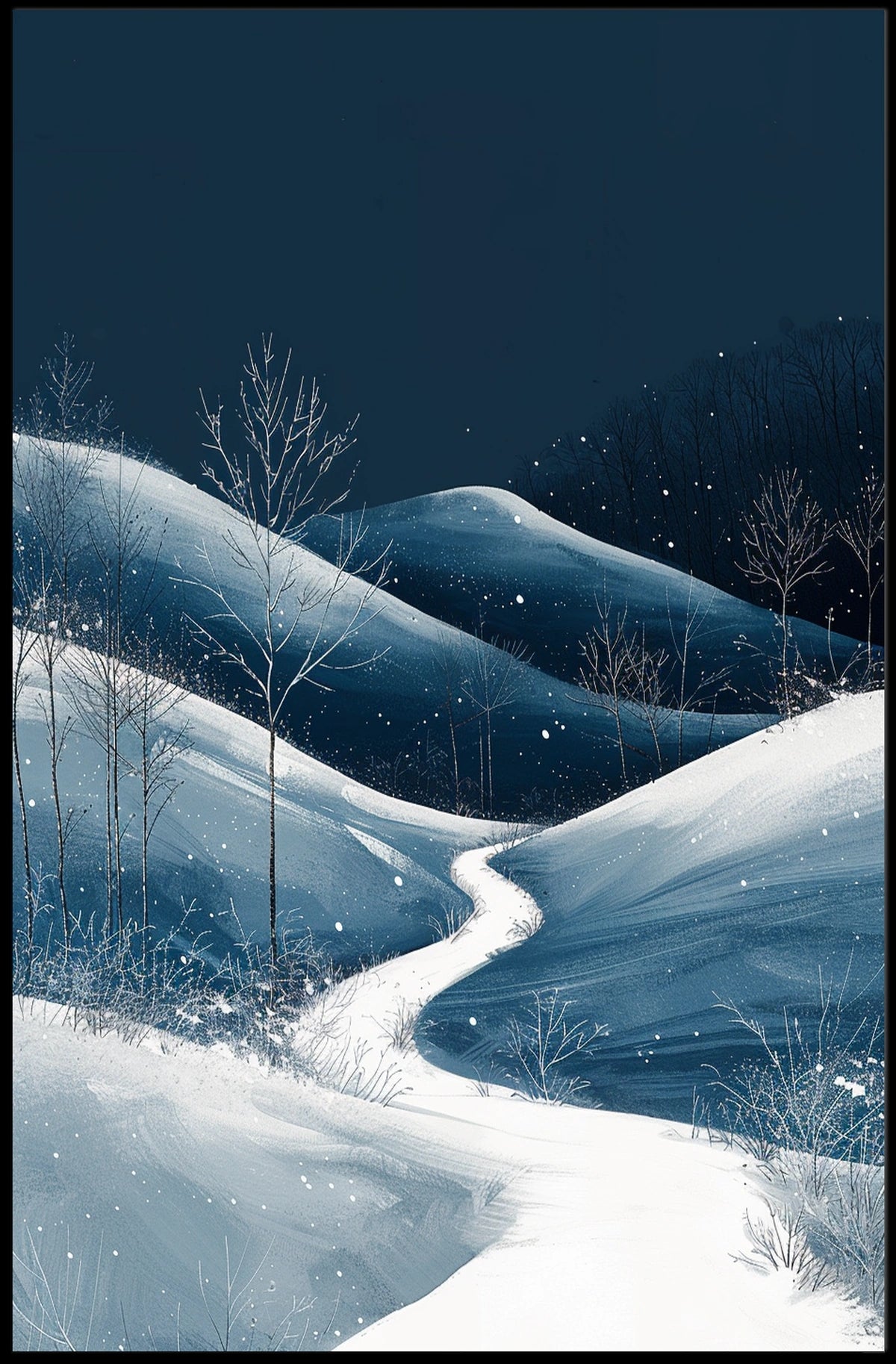 Winter Night Serenity: Minimalist Landscape Art Poster