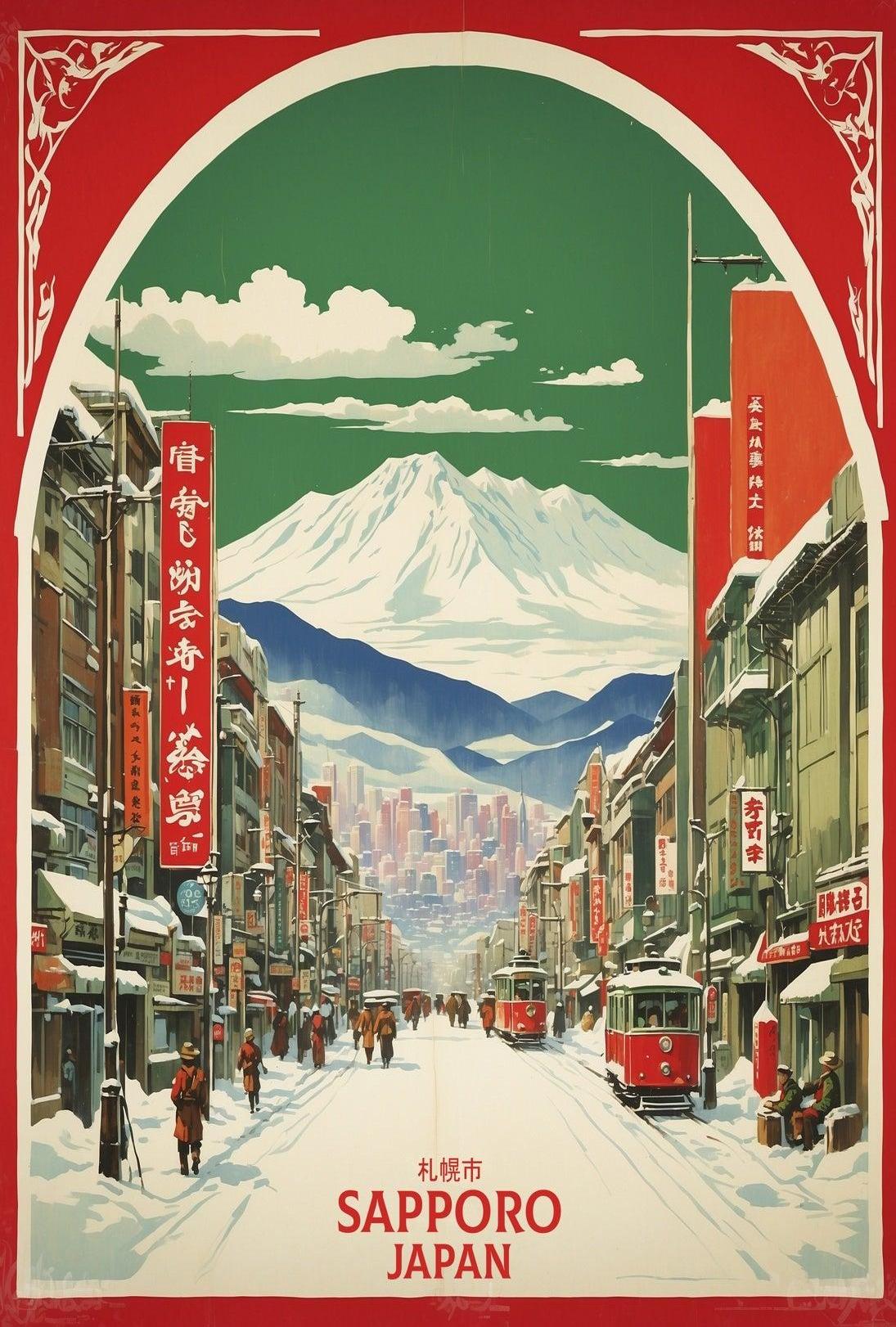 Stylized Sapporo Cityscape Poster Wall Art Print