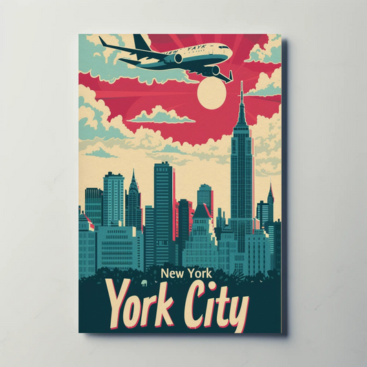 New York City Airplane Skyline Red Sky Travel Poster