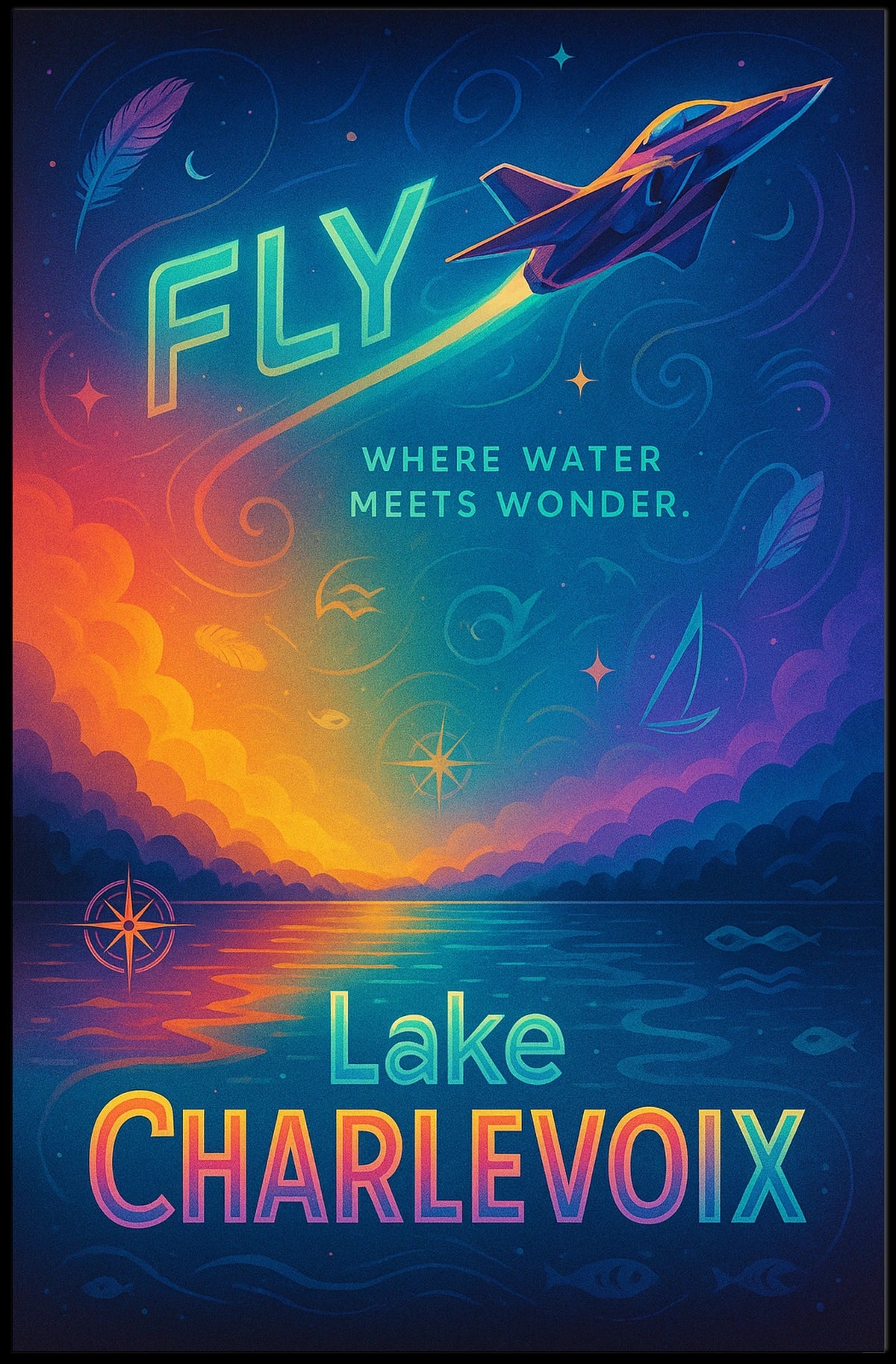 Fly Adventures Over Lake Charlevoix Futuristic Sci-Fi Poster