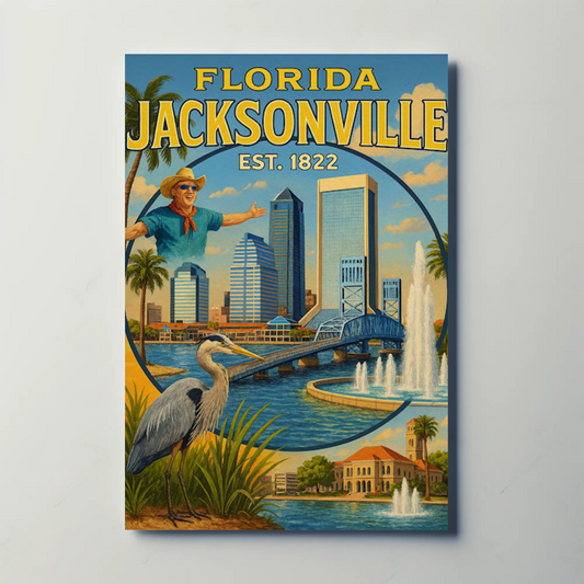 Jacksonville Florida Downtown Bridge Heron Fountains Travel Poster