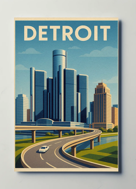 Detroit Highway View Modern Skyline Travel Poster