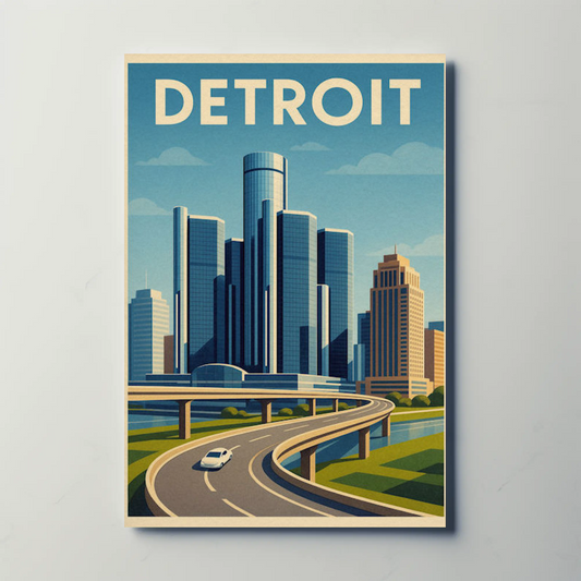 Detroit Highway View Modern Skyline Travel Poster