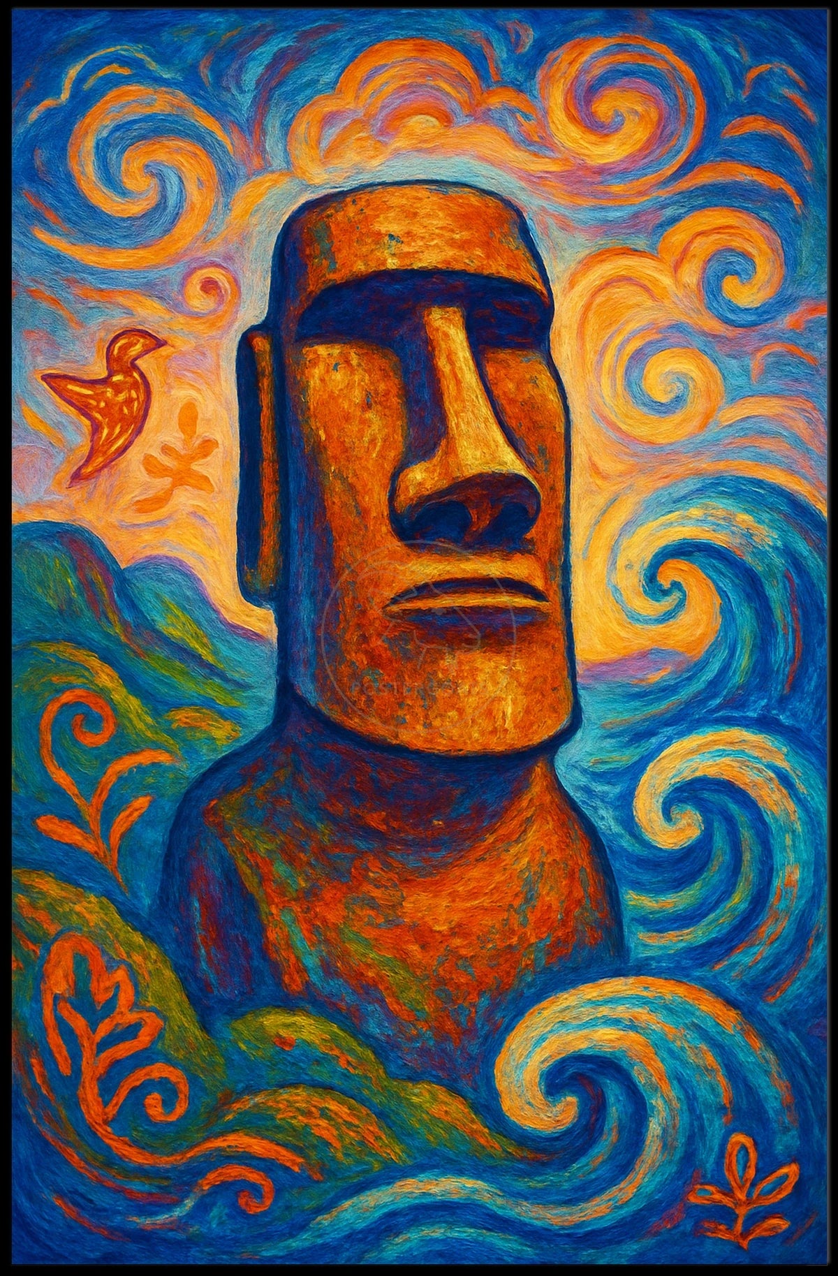 Moai Statue with Mystical Waves Abstract or Artistic Poster