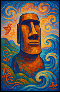 Moai Statue with Mystical Waves Abstract or Artistic Poster